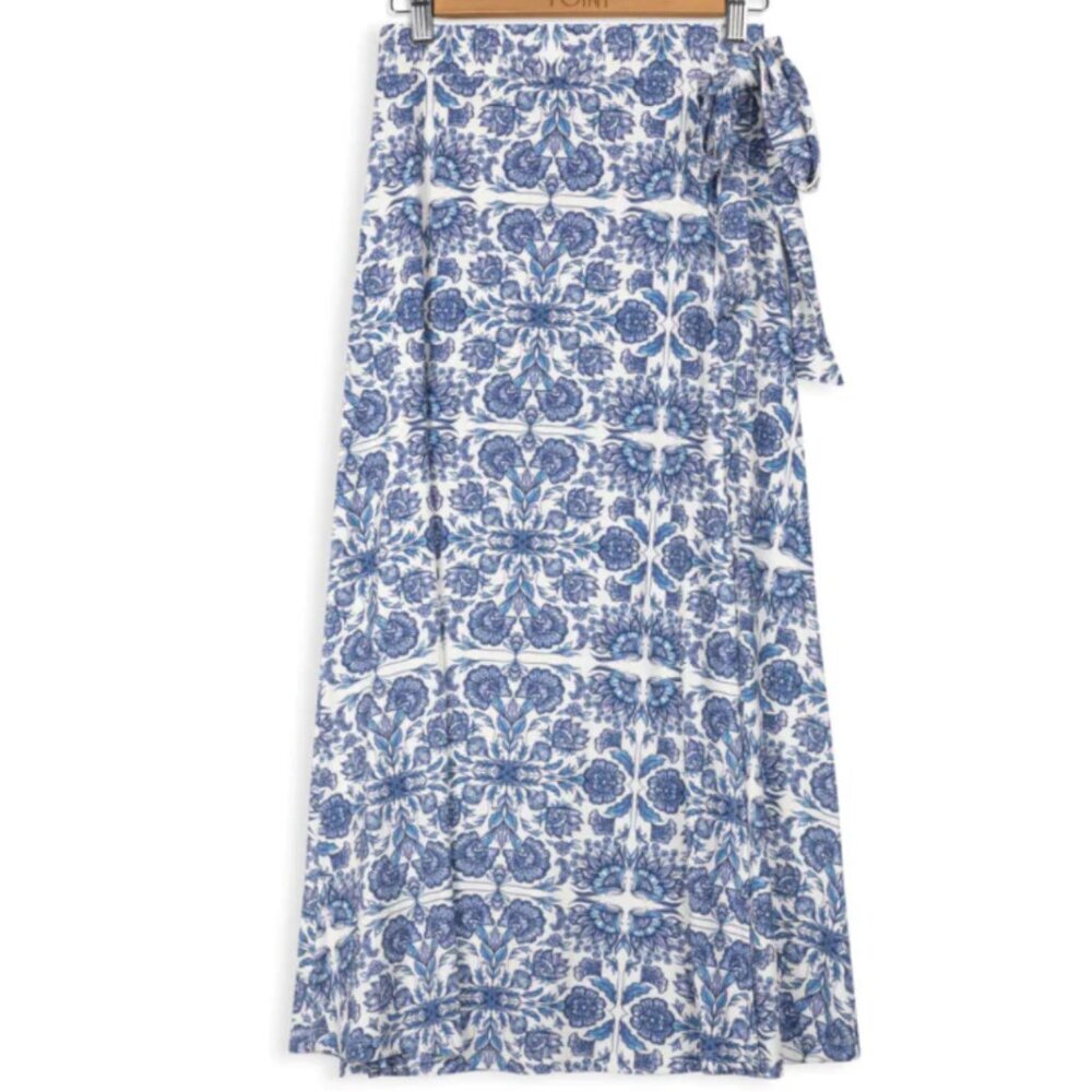 Blue Tile-Print Midi Wrap Skirt